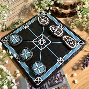Handmade painted slate and stone board game Three Men&#39;s Morris. Unusual gift made in Scotland. Ancient strategy game
