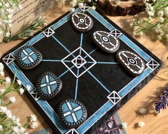 Handmade painted slate and stone board game Three Men&#39;s Morris. Unusual gift made in Scotland. Ancient strategy game