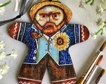 Gingerbread Celebrities! Vincent Van Gogh Gingerbread Man. Sunflower Christmas tree decoration. Stocking filler ornament gift for art lovers