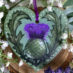 Hand painted Scottish thistle Celtic Valentine heart. Wooden ornament decor for Valentines Day holidays. Outlander Scotland tree gift