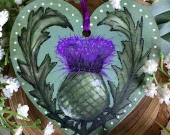 Hand painted Scottish thistle Celtic Valentine heart. Wooden ornament decor for Valentines Day holidays. Outlander Scotland tree gift