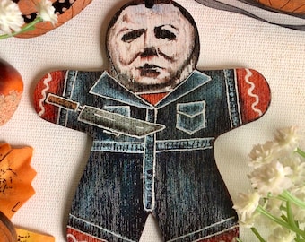 Gingerbread Celebrities! Michael Myers Halloween Gingerdread cookie tree decoration.  Horror movie fan Christmas Halloween decor.