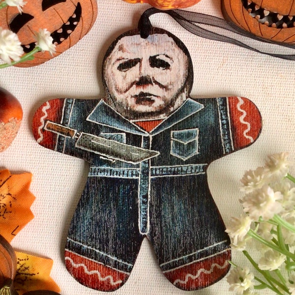 Gingerbread Celebrities! Michael Myers Halloween Gingerdread cookie tree decoration.  Horror movie fan Christmas Halloween decor.