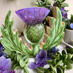 Hand painted Scottish thistle. Freestanding wooden ornament decoration. Outlander wedding or Christmas gift from Scotland