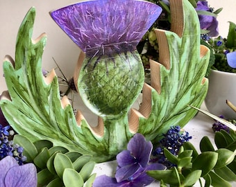 Hand painted Scottish thistle. Freestanding wooden ornament decoration. Outlander wedding or Christmas gift from Scotland