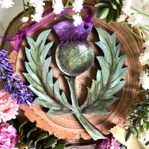 Hand painted Scottish thistle decoration. Wooden thistle ornament for wedding, bridesmaid or Christmas. Celtic Outlander Scottish tree