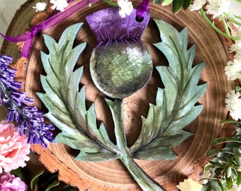 Hand painted Scottish thistle decoration. Wooden thistle ornament for wedding, bridesmaid or Christmas. Celtic Outlander Scottish tree