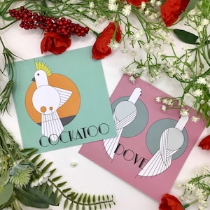 Art Nouveau kaart duif of kaketoe. Blanco wenskaart, verjaardag, bedankt, Valentijnsdag, vogelliefhebbers, tortelduifjes Art Deco GRATIS verzending in het VK
