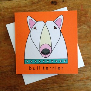 Kaart van de Bull Terrier-hond. Blanco wenskaart voor verjaardag, bedankje, feest, hondenliefhebber, cadeau. Gratis verzending in het VK!