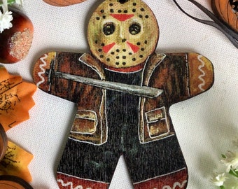 Gingerbread Celebrities! Jason Voorhees Friday 13th Halloween Gingerdread cookie tree decoration.  Horror movie fan Christmas Halloween.