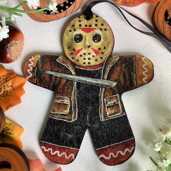 Gingerbread Celebrities! Jason Voorhees Friday 13th Halloween Gingerdread cookie tree decoration.  Horror movie fan Christmas Halloween.