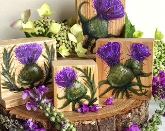 Mini Thistle block set. Beautiful hand painted Flower of Scotland Scottish wooden art blocks Nature lovers gift. Made in Scotland