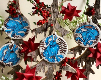 Beautiful Blue Hare hand painted Christmas Tree Bauble. Ceramic winter tree decoration gift, ceramic disc painted in Scotland.