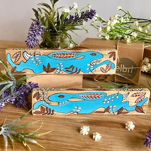 Beautiful hand painted Blue Hare Stick. Hand painted wooden gift made from Scottish hardwood. Lovely gift for nature lovers made in Scotland