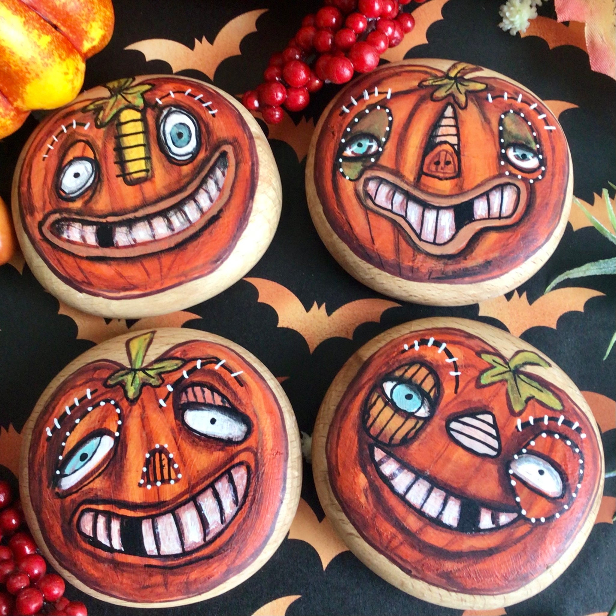 Pumpkin Pebbles! Hand painted creepy cute wooden Halloween pebble. Great trick or treat party bag game gift. Halloween decor decoration