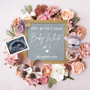 Oops We Did It Again Pregnancy Announcement, Floral Baby Girl #2 #3 #4 Reveal, Social Media Pregnancy Reveal Template, Pregnancy Flat Lay