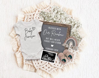 Rainbow Pregnancy Announcement Digital, Boho Rainbow Baby Reveal, After Every Storm Miracle Baby Announcement for Social Media, Flatlay