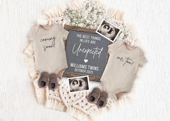 Twins Pregnancy Announcement Digital, Editable Gender Neutral Surprise Twins Reveal, Best Things in Life are Unexpected, Pregnancy Flat Lay