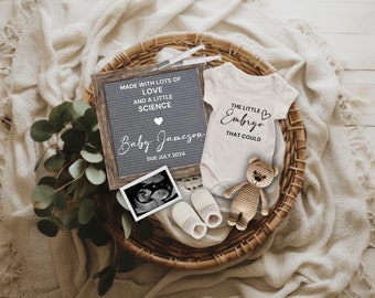 Könnte beinhalten: Ein graues Buchstabenbrett mit dem Text "Made with lots of love and a little science" und "Baby Jameson due July 2024". Neben dem Buchstabenbrett liegt ein weißer Strampler mit dem Text "The little embryo that could". In einem Weidenkorb liegen ein kleiner gehäkelter Teddybär und ein Paar weiße Booties.