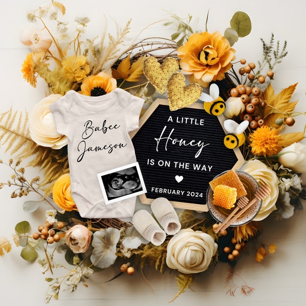 Bee Pregnancy Announcement Digital, Honey Bee Themed Baby Announcement, A Little Honey Bee Pregnancy Reveal Template, Pregnancy Flat Lat