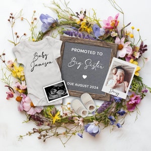 Summer Flower Pregnancy Announcement, Baby Announcement, Reveal Pregnancy, Promoted to Big Sister announcement, Boho Pregnancy Flat Lay