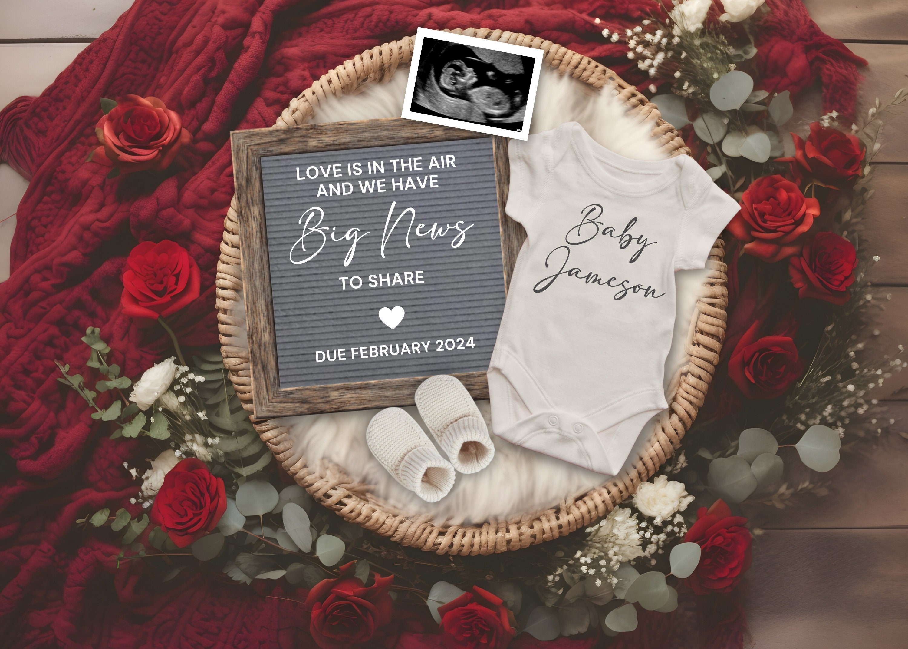 Valentines Day Pregnancy Announcement Digital Template, February Baby Reveal, Social Media Baby Announcement, Love is in the Air