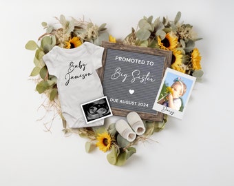 Sunflower Pregnancy Announcement, Baby Announcement, Reveal Pregnancy, Promoted to Big Sister announcement, Boho Pregnancy Flat Lay