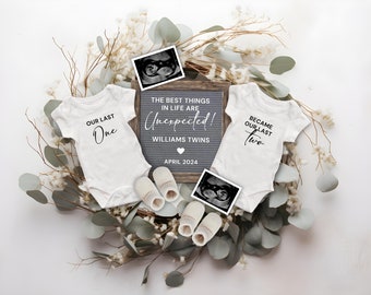 Twins Pregnancy Announcement Digital, Editable Gender Neutral Surprise Twins Reveal, Best Things in Life are Unexpected, Pregnancy Flat Lay