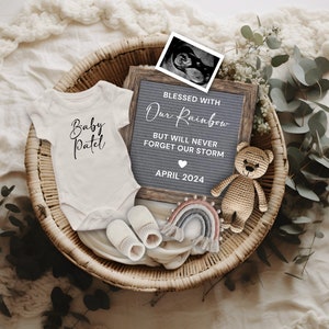 Rainbow Pregnancy Announcement Digital, Boho Rainbow Baby Reveal, After Every Storm Miracle Baby Announcement for Social Media, Flatlay