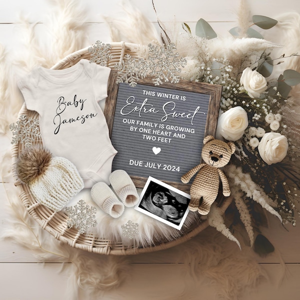 Winter Pregnancy Announcement Digital, Editable Baby Reveal, Our Family is growing by one heart and two feet, Snowflakes Baby Announcement