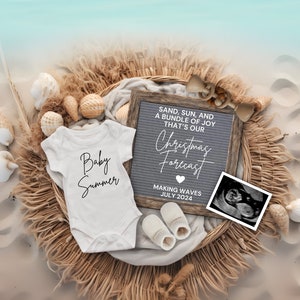 Beach Christmas Forecast Pregnancy Announcement, Digital Summer Baby Reveal, July Neutral Baby Announcement, Tropical Baby Pregnancy Reveal