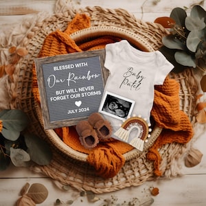 Thanksgiving Fall Rainbow Pregnancy Announcement Digital, Boho Rainbow Baby Reveal, After Every Storm Miracle Baby Announcement Template