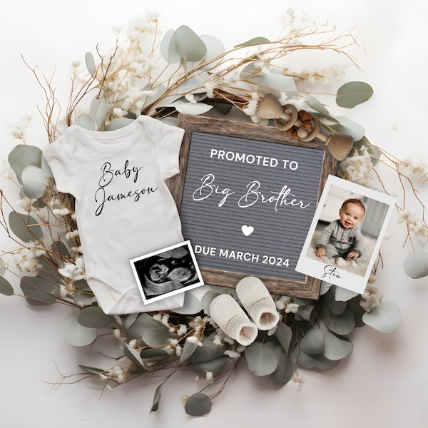 Digital Pregnancy Announcement, Baby Announcement, Reveal Pregnancy, Promoted to Big Brother announcement, Boho Pregnancy Flat Lay