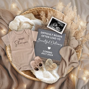 IVF Pregnancy Announcement Digital, Editable Beige Boho Pregnancy Reveal, Difficult Roads Lead to Beautiful Outcomes Baby Reveal, Flat Lay