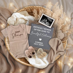 IVF Pregnancy Announcement Digital, Editable Beige Boho Pregnancy Reveal, Difficult Roads Lead to Beautiful Outcomes Baby Reveal, Flat Lay