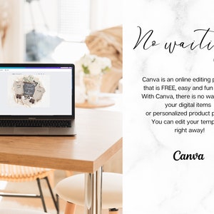 Pu&ograve; includere: Un computer portatile che mostra una bozza di un design per un body per neonati su uno sfondo bianco. Il testo "No waiting!" &egrave; scritto in corsivo su uno sfondo di marmo bianco. Il testo "Canva &egrave; una piattaforma di editing online che &egrave; GRATUITA, facile e divertente da usare! Con Canva, non c'&egrave; bisogno di aspettare per i tuoi articoli digitali o le prove di prodotti personalizzati. Puoi modificare il tuo modello subito! Canva" &egrave; scritto sotto il testo in corsivo.