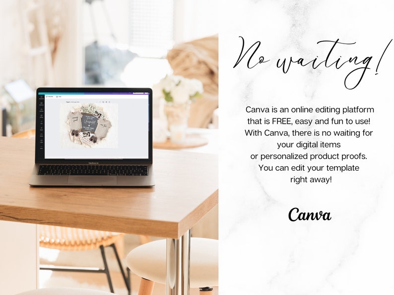 Pu&ograve; includere: Un computer portatile che mostra una bozza di un design per un body per neonati su uno sfondo bianco. Il testo "No waiting!" &egrave; scritto in corsivo su uno sfondo di marmo bianco. Il testo "Canva &egrave; una piattaforma di editing online che &egrave; GRATUITA, facile e divertente da usare! Con Canva, non c'&egrave; bisogno di aspettare per i tuoi articoli digitali o le prove di prodotti personalizzati. Puoi modificare il tuo modello subito! Canva" &egrave; scritto sotto il testo in corsivo.