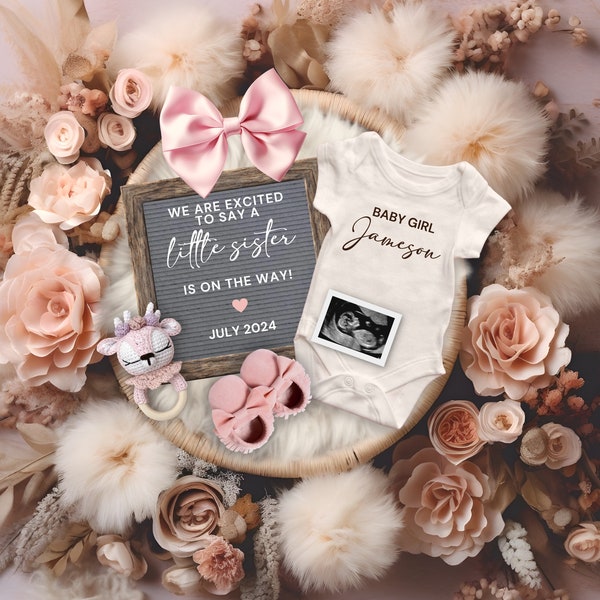 Schwangerschaftsankündigung Digital, Es ist ein Mädchen Gender Reveal für Social Media, kleine Schwester ist auf dem Weg, Baby Boy Reveal, kleines Baby Girl