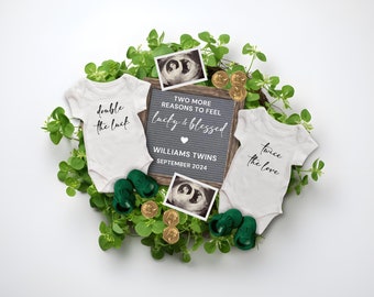 St. Patrick's Day Twins Pregnancy Announcement Digital, Baby Announcement, Boho Gender Neutral Template, Double the Luck Twice the Love