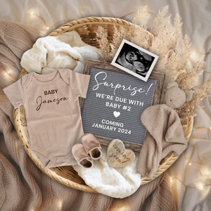 Annuncio di gravidanza Boho Second Baby Digital, Stiamo aspettando l'annuncio del bambino n. 2, Rivelazione della gravidanza, Gravidanza in posizione orizzontale, Genere neutro