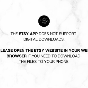 Pu&ograve; includere: Testo su uno sfondo di marmo bianco che recita: "L'app Etsy non supporta i download digitali. Apri il sito web di Etsy nel tuo browser web se hai bisogno di scaricare i file sul tuo telefono."