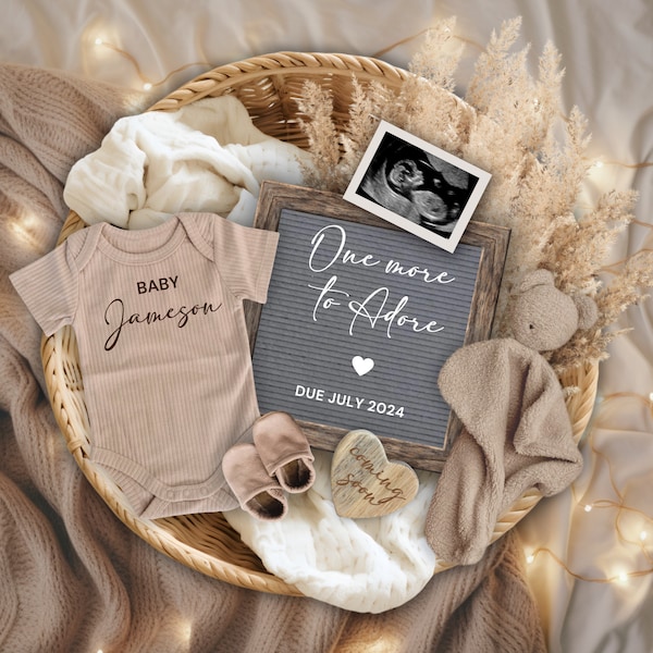 One more to Adore Pregnancy Announcement Digital, Editable Boho Beige Pregnancy Reveal, Second Baby Reveal, Gender Neutral