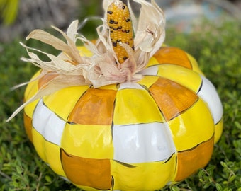 Hand-painted Faux Checked Pumpkin with corn stem