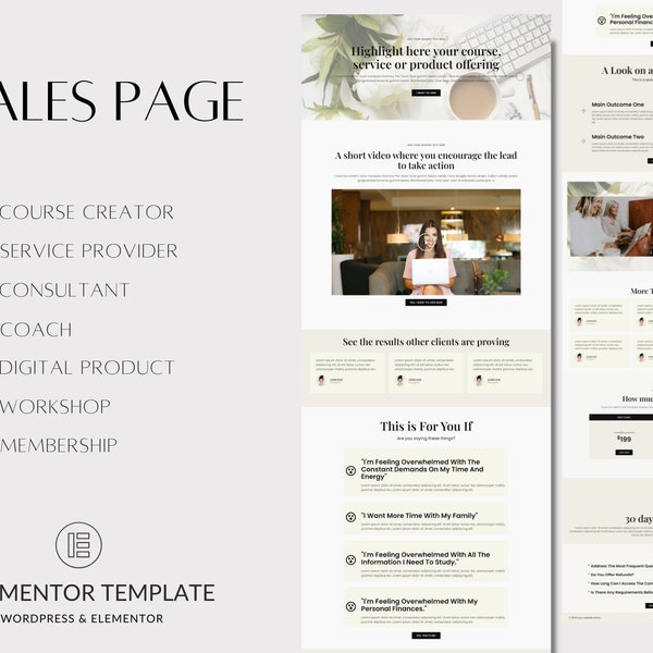 Modèle de page de vente Elementor | Coachs, créateurs de cours, produits numériques, ateliers et adhésion