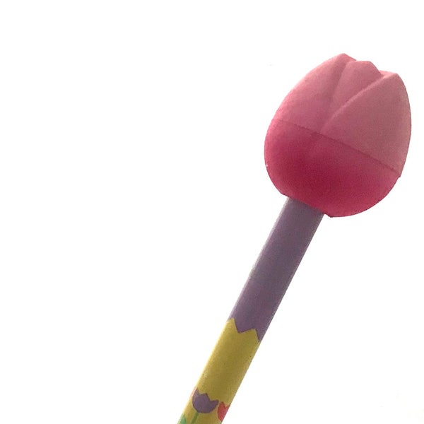 Vintage unused Sanrio pencil with tulip eraser from the 1980s.  Polka dot pencil in purple and pink. Made in Taiwan.
