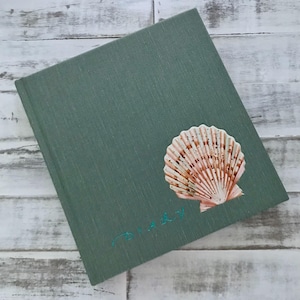 May include: A green diary with a seashell design. The diary has a textured cover and a painted seashell in shades of pink, white, and brown. The word "Diary" is written in teal script on the bottom left corner.