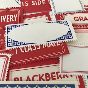 Vintage label bundle from 1940s household label books. Mixed lot of 20 labels with both red and blue borders. For junk journals and collage.