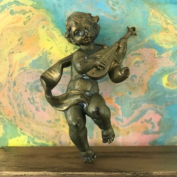 Vintage Fontanini gold cherub playing mandolin. Made in Italy in the 1960s. Cherub #65 marked "Depose Italy 65". About 4 1/2 inches high.