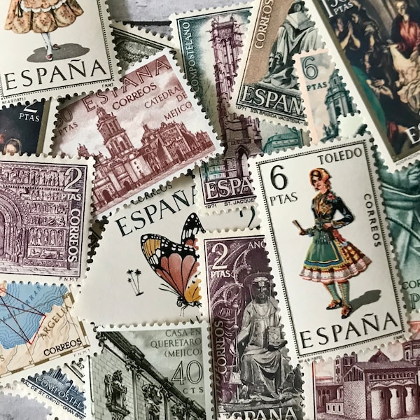 Vintage stamps from Spain: 25 Correos Espana unused (and I would say mint) from the 1970s. Butterflies, maps, costumes, and architecture