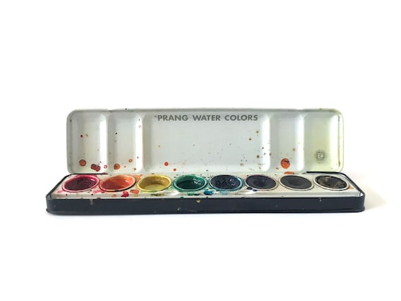 Vintage Prang Watercolor Tin With 8 Refillable Built in Metal Pans. Black  and Red Paint Box With Great Graphics. Perfect for Use or Display. 